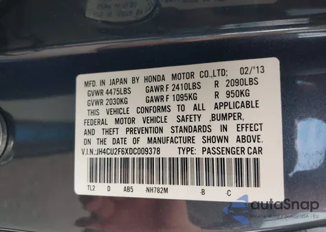 2013 Acura Tsx 2.4 from USA, damaged, VIN JH4CU2F6XDC009378